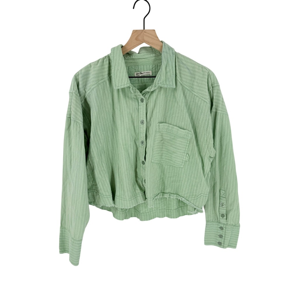 Free People We The Free Shirt Green Medium Raw Hem Striped Button Up Boho Top